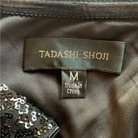 Sequin Cocktail Dress Long, Tadashi Shoji Stretch Black & Copper. Long Sleeve - Picture 5 of 14